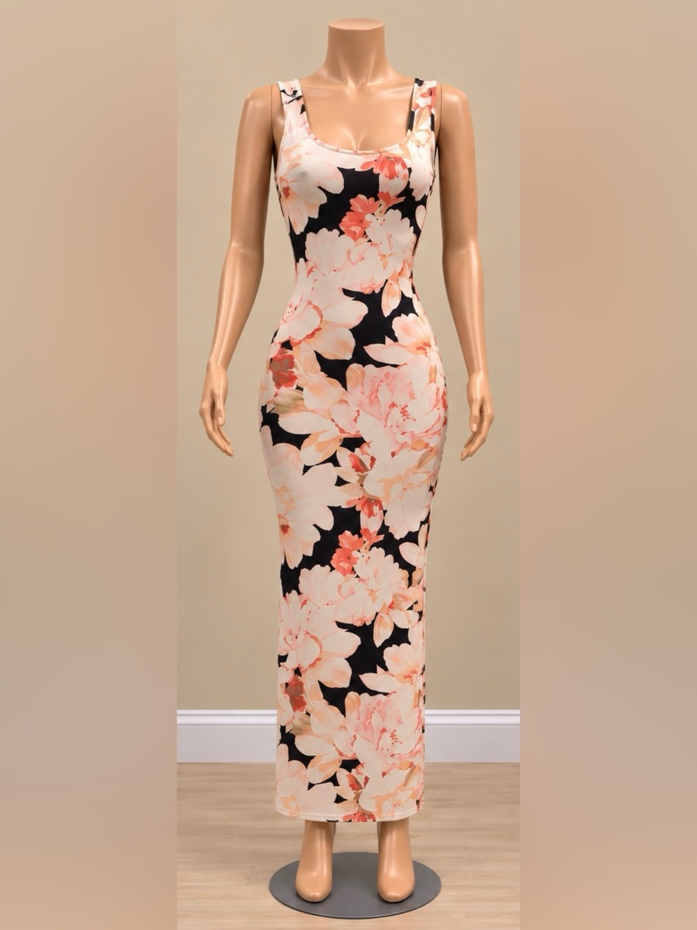 Haute Monde Black Peach Floral Bodycon Side Slit Maxi Dress S